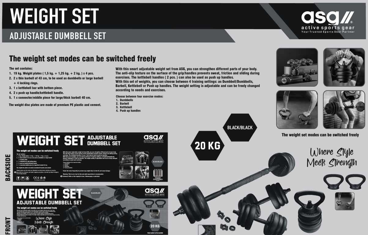 ASG Weight Set Adjustable Dumbbell 4-i-1 – Justerbart hantelset, skivstång & kettlebell i ett