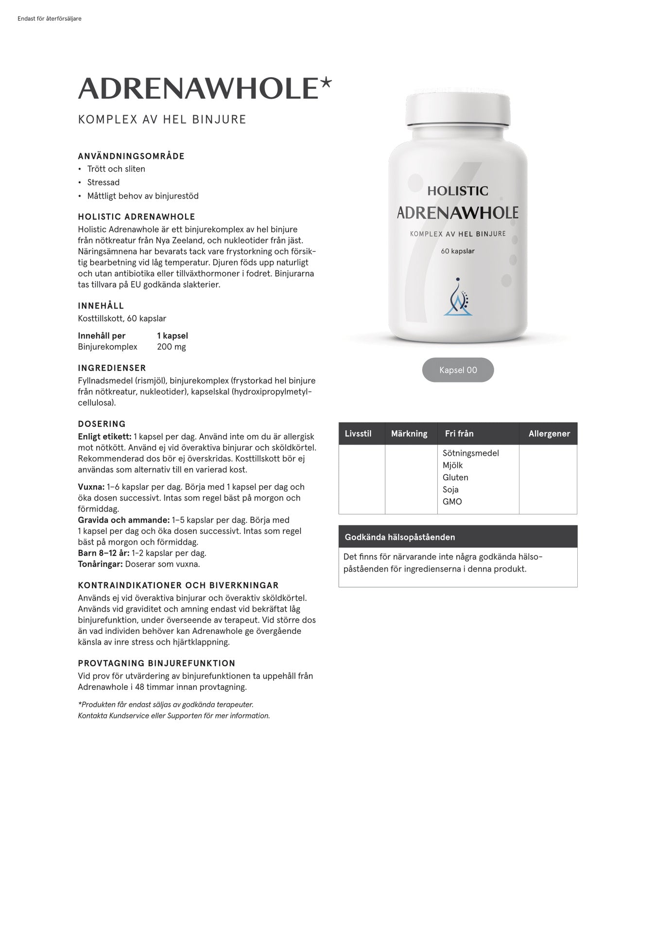 Holistic Adrenawhole 200 mg, 60 kapslar