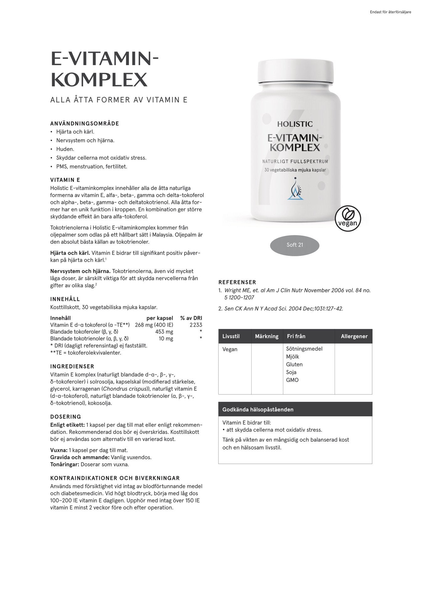 Holistic E-vitaminkomplex, 30 kapslar