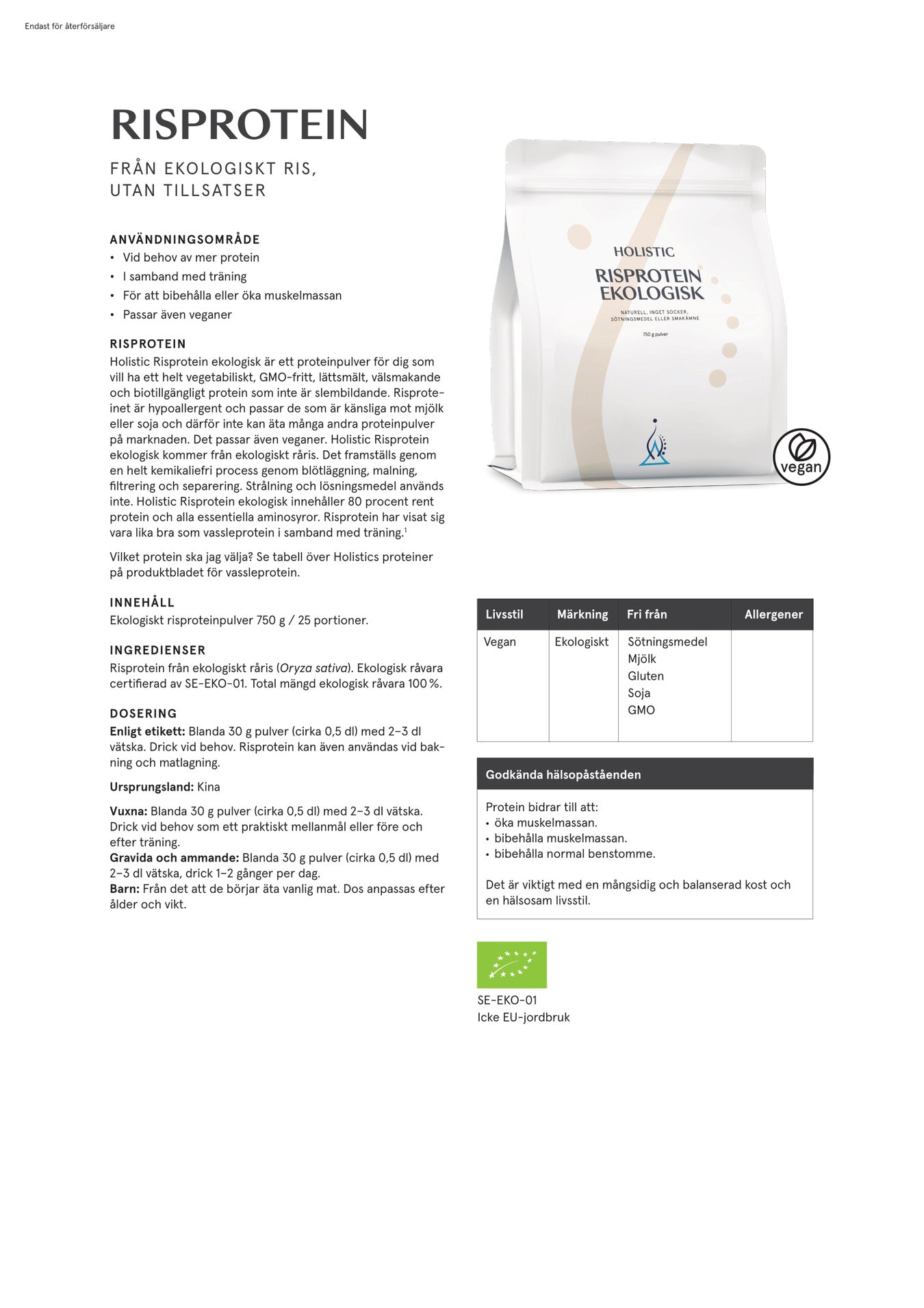 Holistic Risprotein ekologisk, 750 g