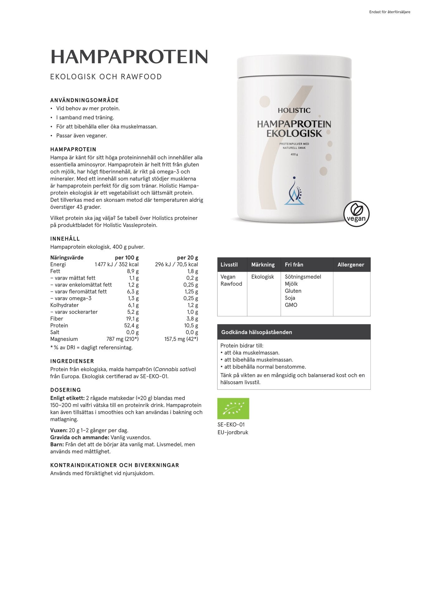 Holistic Hampaprotein ekologisk, 400 g