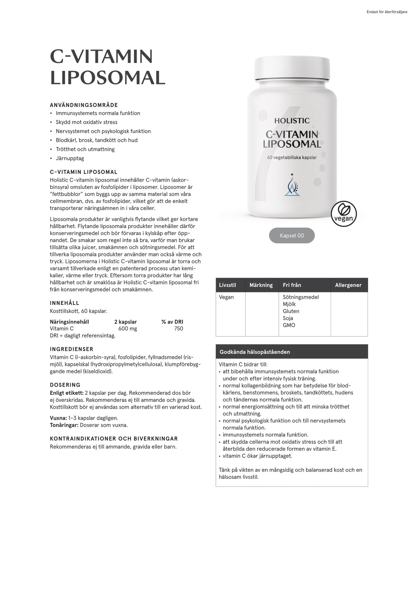 Holistic C-vitamin liposomal, 60 kapslar