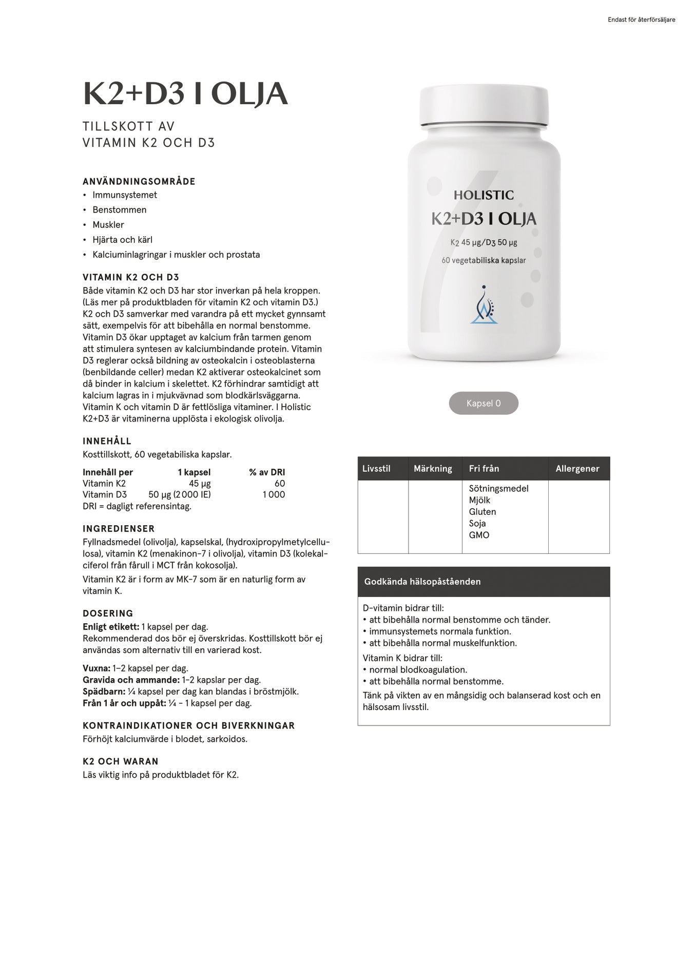 Holistic K2+D3 i olja, 60 kapslar