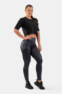 NEBBIA High Waist Glossy Look Bubble Butt Pants, vulcanic black