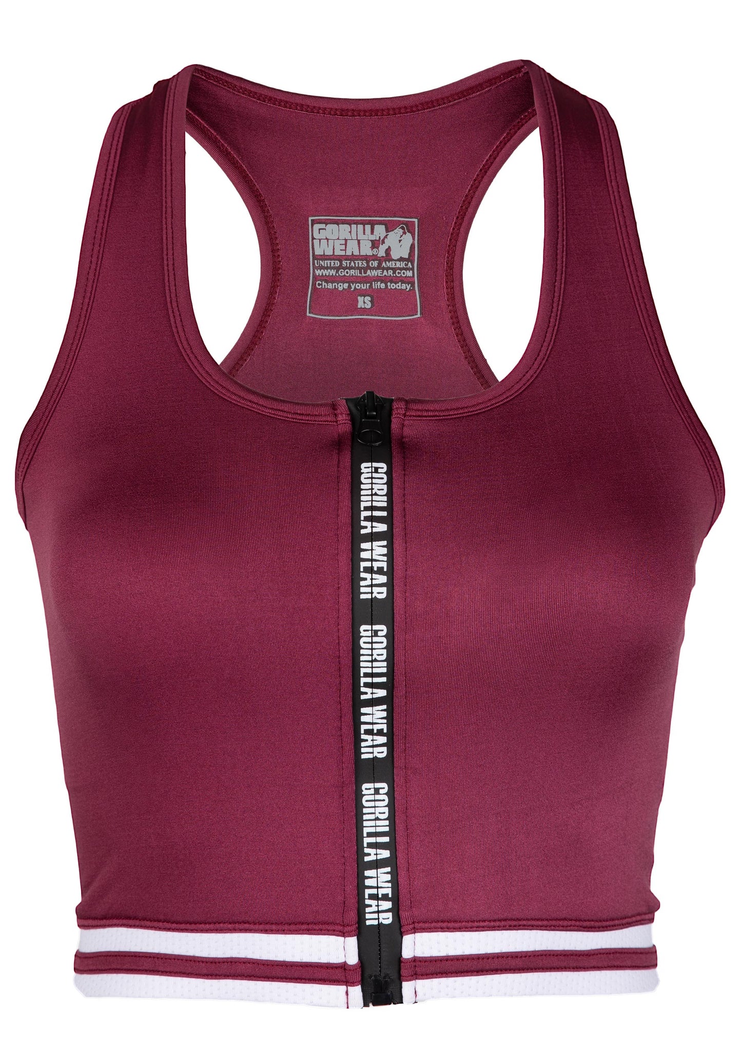 Gorilla Wear Mesa Zip Front Crop Top, burgundy red