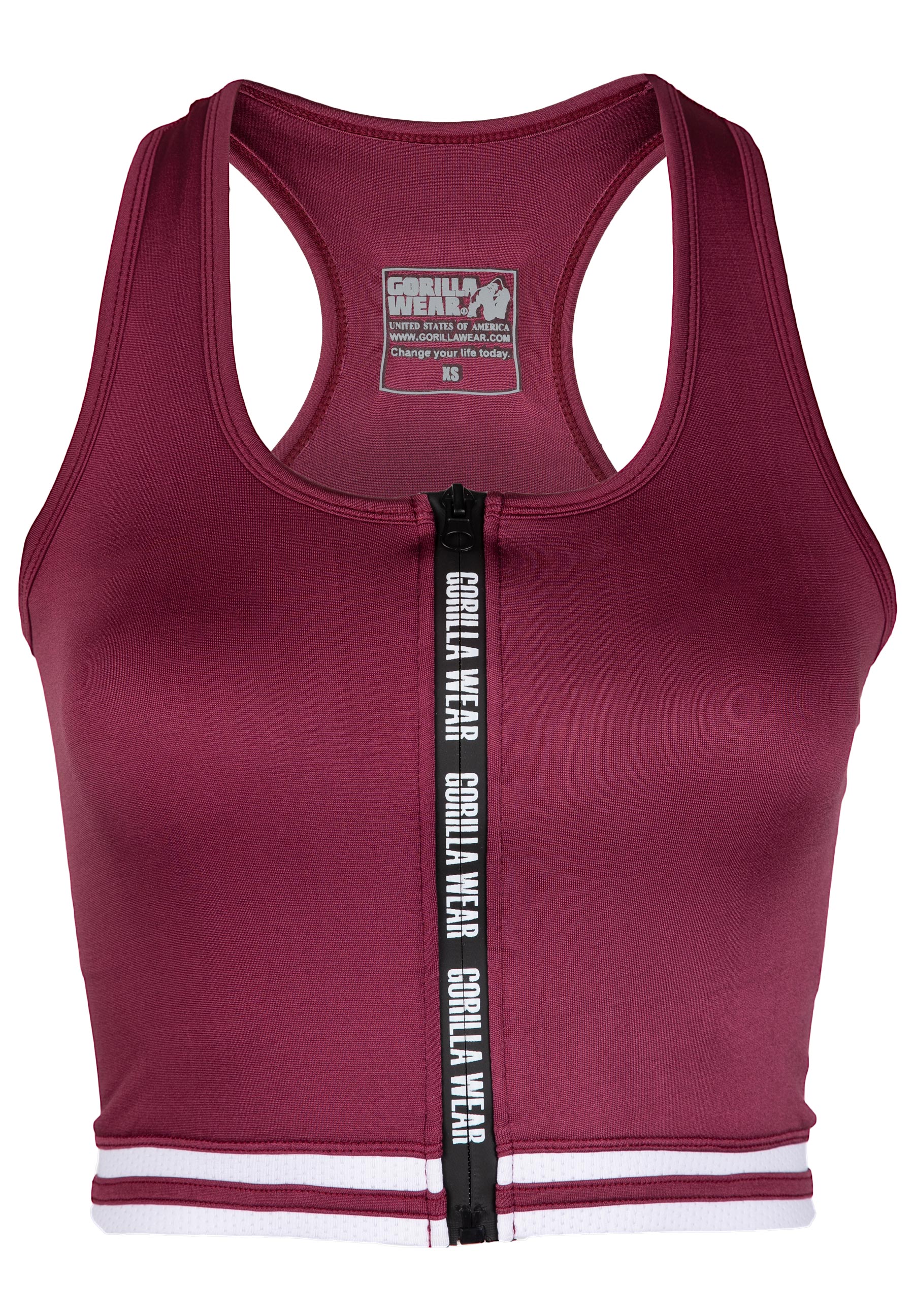 Gorilla Wear Mesa Zip Front Crop Top, burgundy red