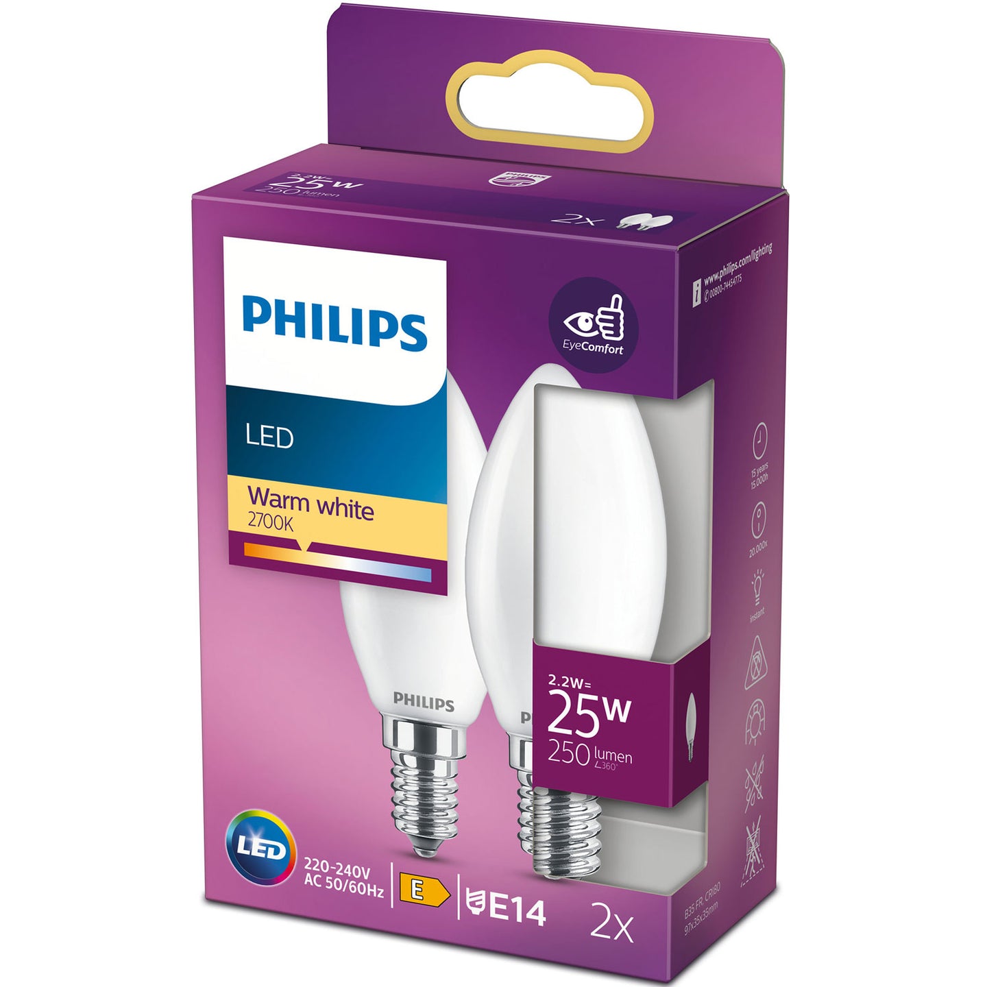 Philips 2-pack LED E14 Kron 25W Frost 250lm