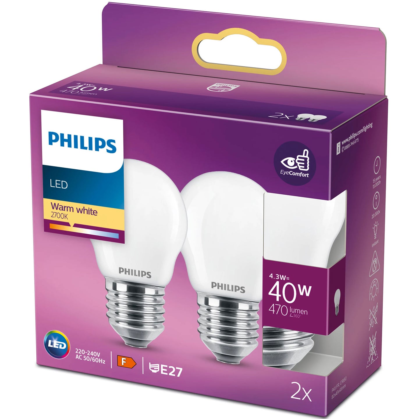 Philips 2-pack LED E27 P45 Klot 40W Frost 470lm