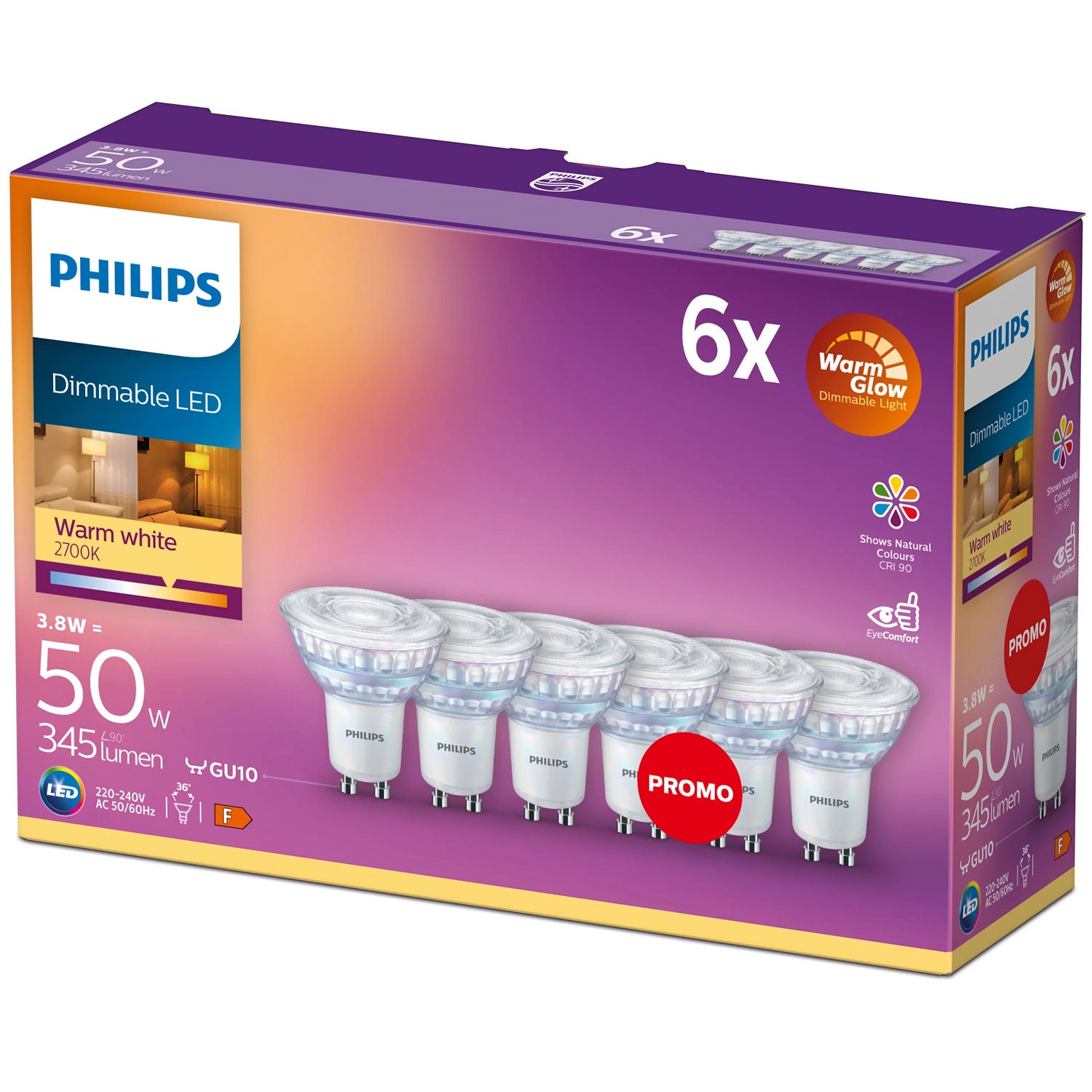 Philips 6-pack LED GU10 50W Dimbar WarmGlow