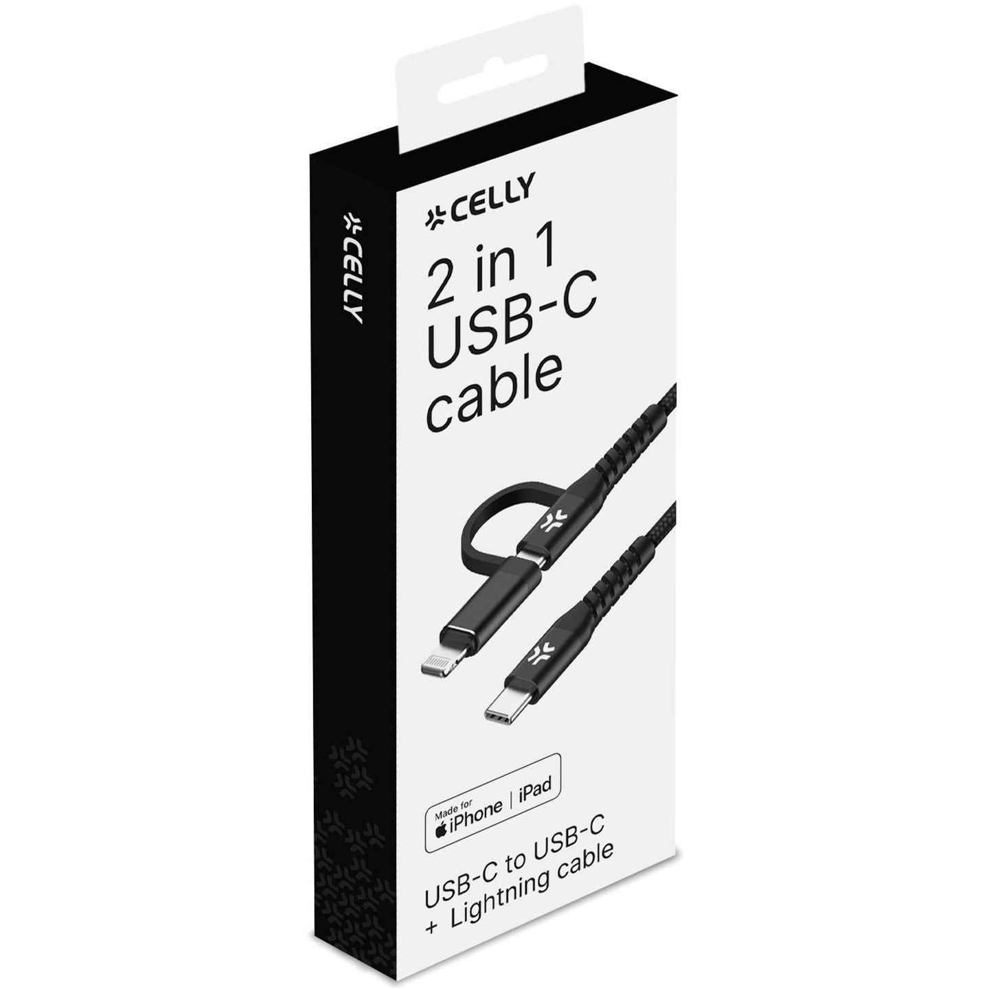 Celly 2-i-1-kabel USB-C/USB-A till USB-C/Lightning 60W 2m Svart