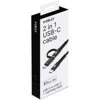 Celly 2-i-1-kabel USB-C/USB-A till USB-C/Lightning 60W 2m Svart