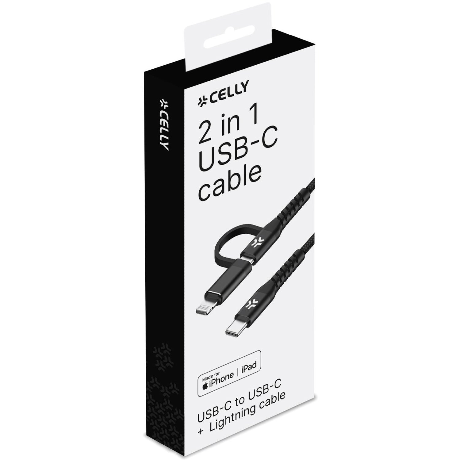 Celly 2-i-1-kabel USB-C/USB-A till USB-C/Lightning 60W 2m Svart
