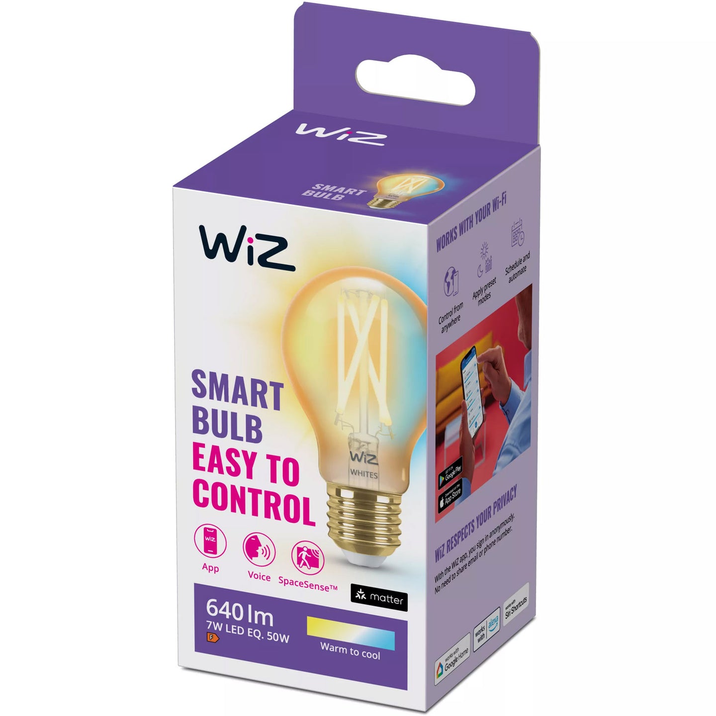 WiZ WiFi Smart LED E27 50W Filament Bärnstensgul Varm-kallvit 640 lm