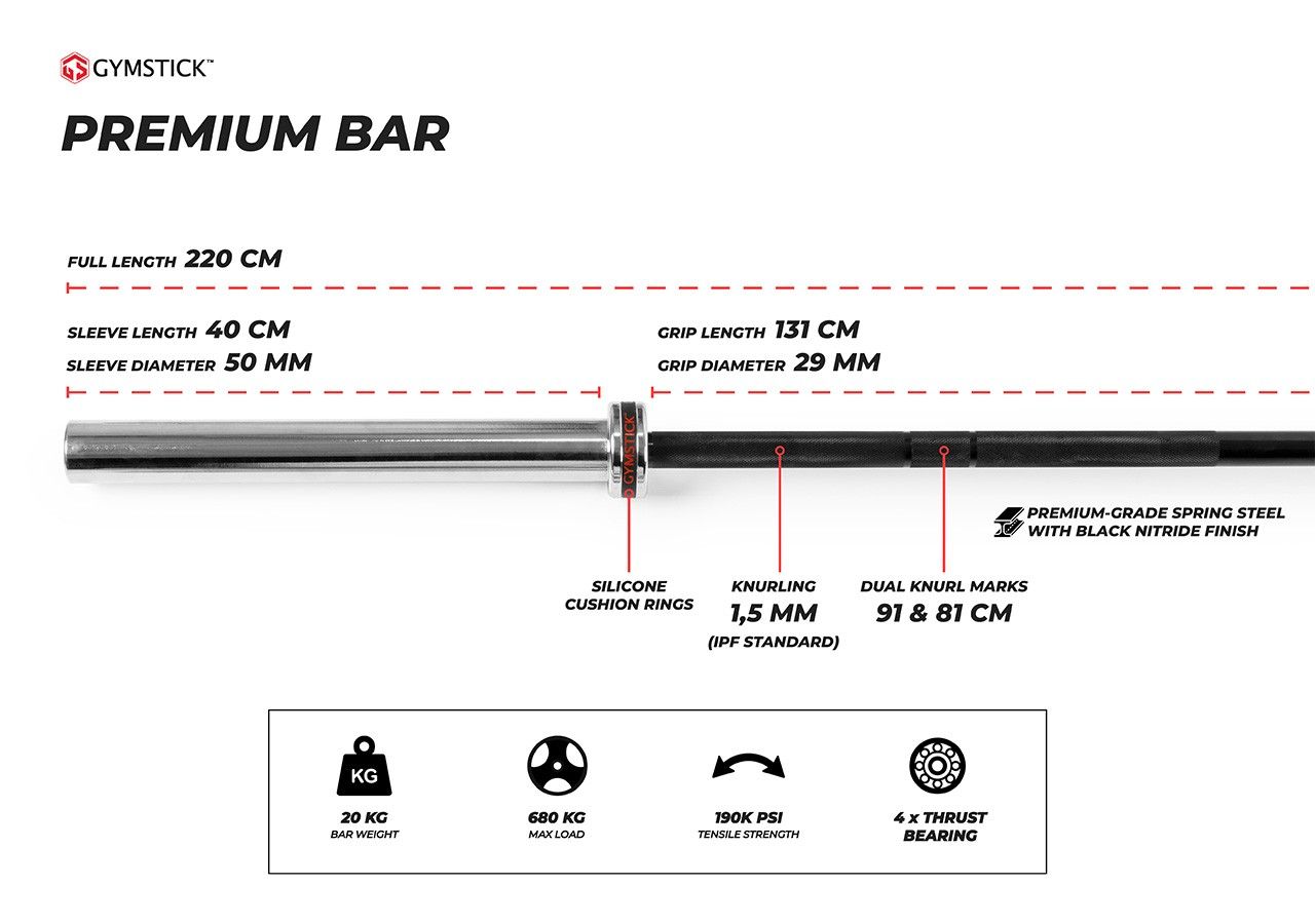 Gymstick Premium Bar 20 kg 220 cm – Skivstång för seriös styrketräning
