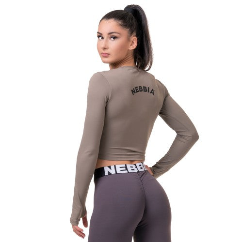 Nebbia Long Sleeve Thumbhole Sporty Crop Top Mocha, mocha